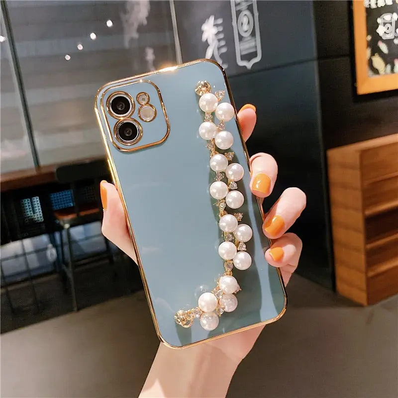 Pastel Pearl Bracelet Phone Case - Luxury Pearl Chain Iphone Case with White Pearl Phone Holder